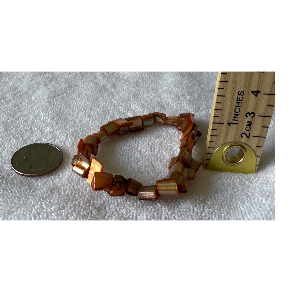 Vintage Cognac Orange Iridescent Shell Stretch Bracelet Square Bead Boho Coastal - Picture 7 of 9